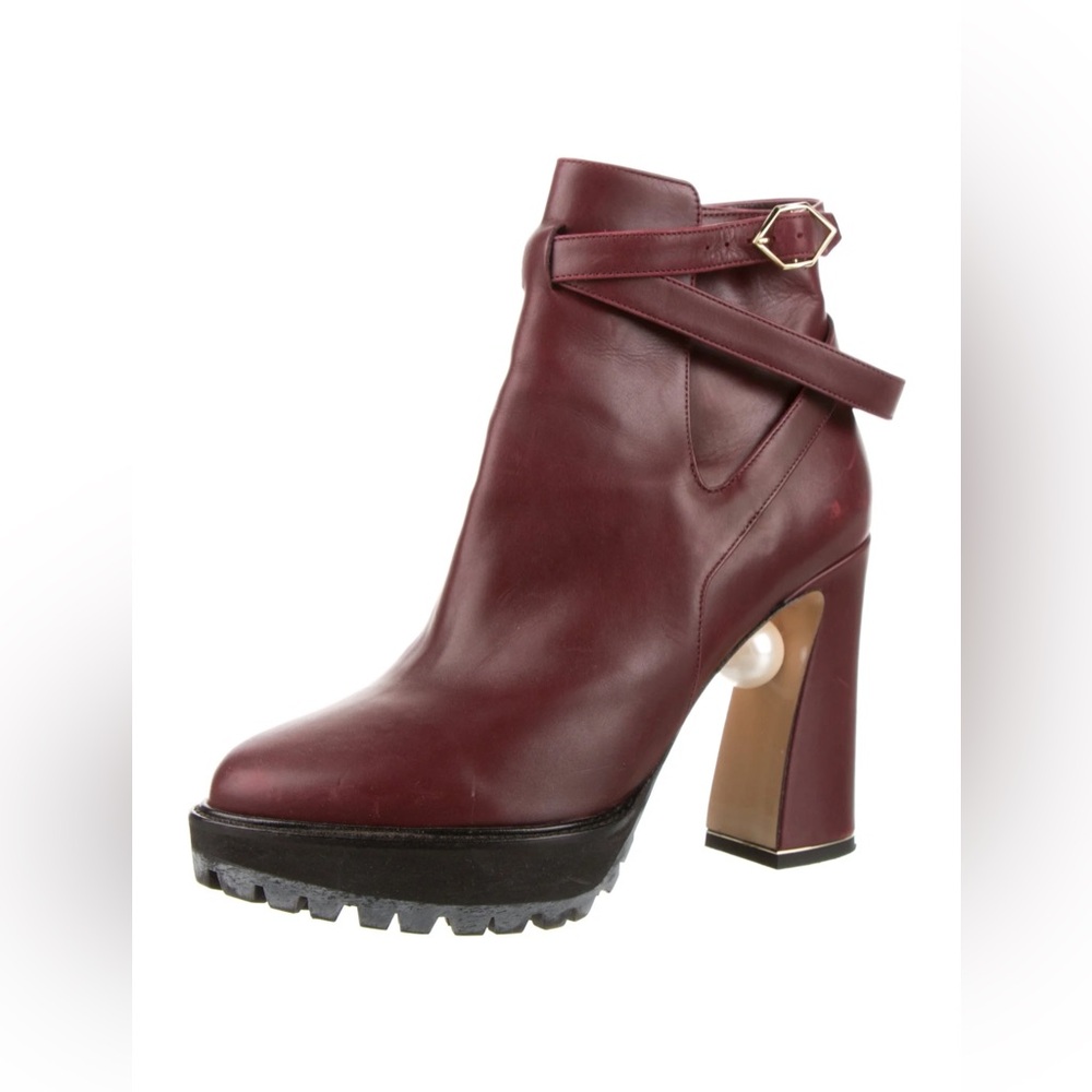 Nicholas Kirkwood Platform Ankle Booties 40 Burgundy Leather Pearl Block Heel